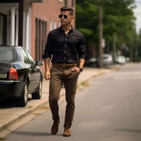 black shirt and khaki pants.